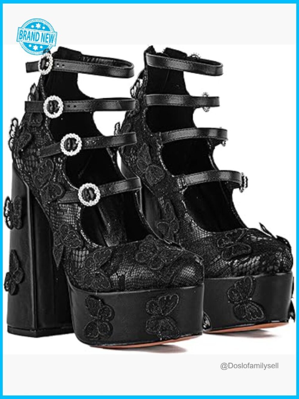 Platform Chunky Heels with Lace Butterfly Square Toe Mary-Jane Pumps